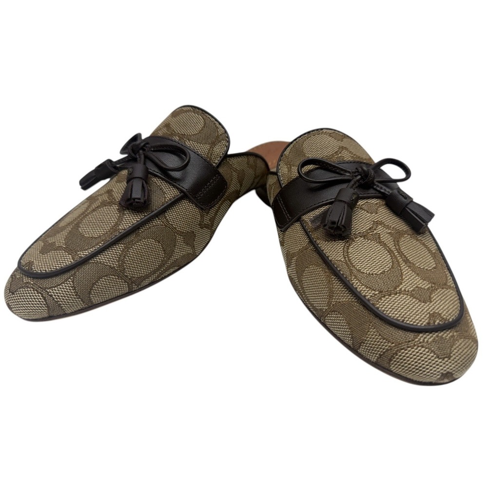 NEW‎ COACH Size 6B Women's Shoes Slide Khaki Jacquard SIG Leather Trim